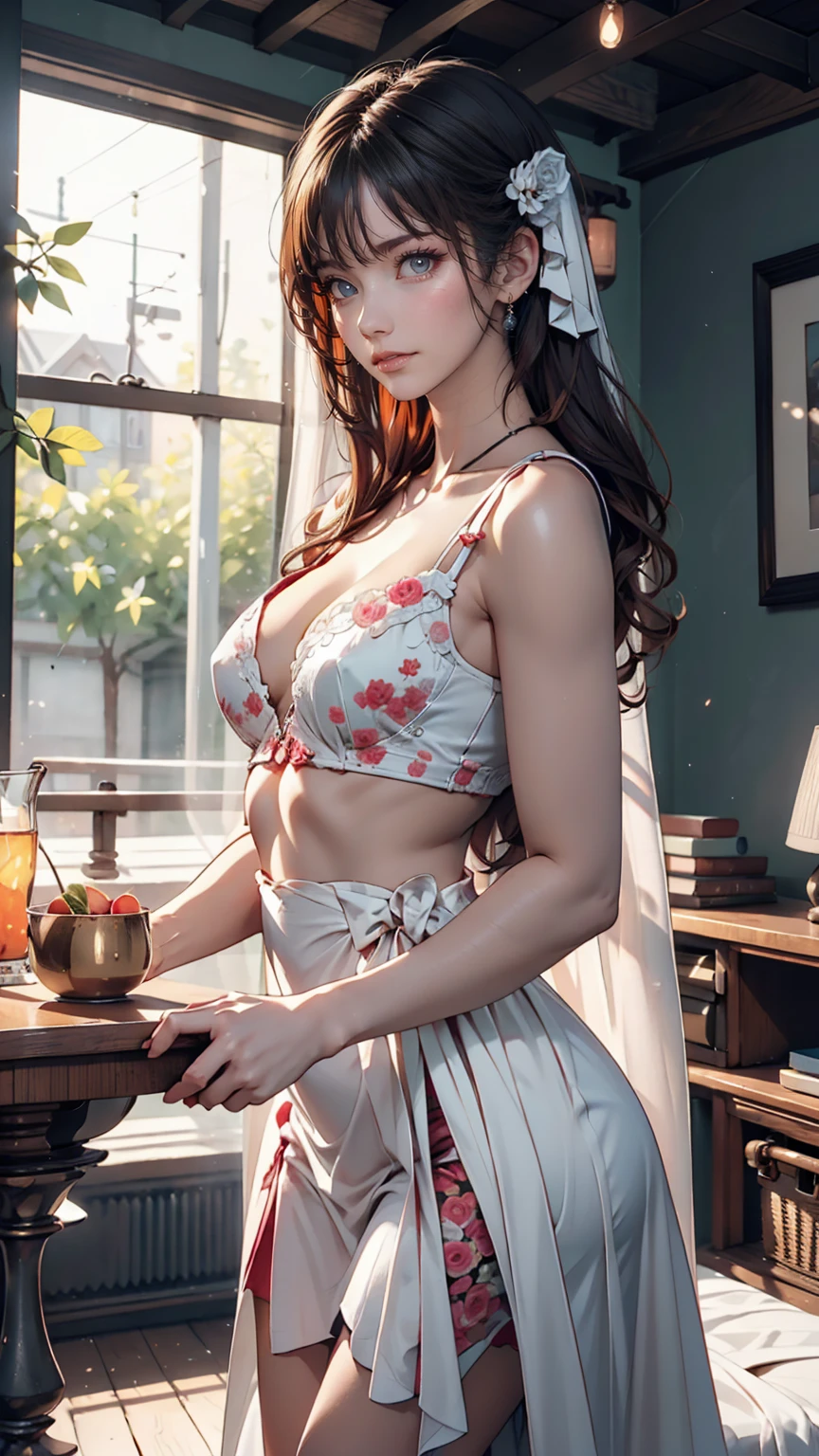 Bright colors, Beautiful Style, High quality illustrations, Position of hand holding woman&#39;s chin, Elegant painting, Detailed illustrations of clothing and facial features.
