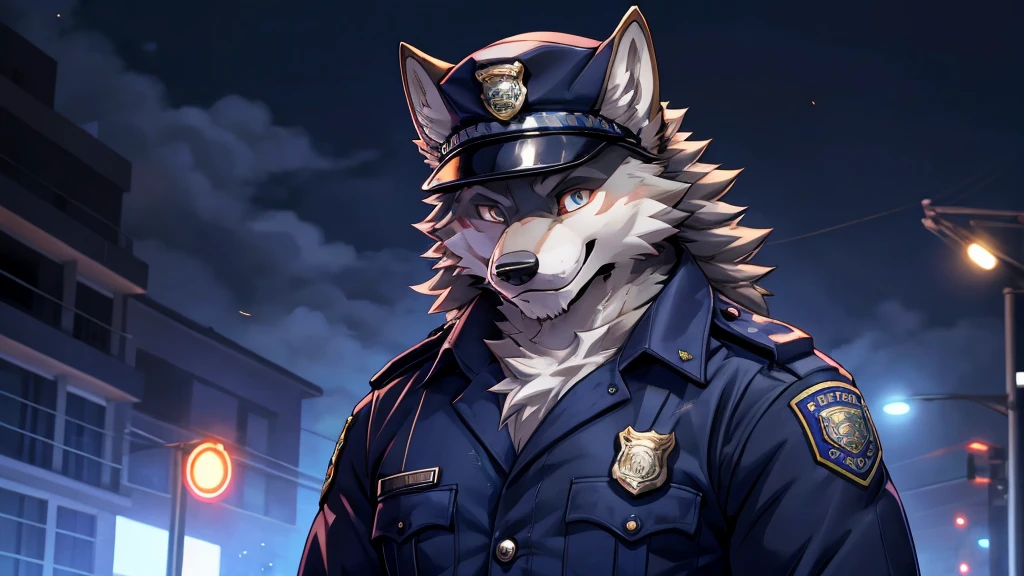 Gray haired werewolf,Standing,detail,happy,Cool,Grim,Exquisite,Excellent figure,The eyes are grim,眼睛detail的,Wolf with human features,Scarred,Police Officer