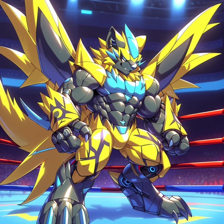 (ZERAORA, 8K), (Zeraora's giant robot, Powered exoskeleton with the same design as Zeraora), (Masterpiece, highres) (Detailed head, Detailed Body, Detailed abs, full body) (gigantic muscles, Gigachad Muscular, big muscle, pecs, triceps, traps, unusually developed muscular body, body full of huge muscles. showing off muscles, pectorales enormes, Exaggeratedly huge muscles.) (nj5furry, The claws are sharp, Sharp teeth, sharp claws), (long legs), (Spread wings, It has wings, have big wings, golden wings), (Wrestling, wrestler, the bodybuilding), (It has wings, whole body shines like metal, Wearing cyberpunk mecha, emphasizes the muscles, suit fully made of metal, intricate armor, Robotic suit, suit fully made of metal, cyborg), (black color hyper penis, hyper black penis), menacing pose, 