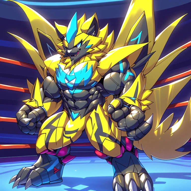 (ZERAORA, 8K), (Zeraora's giant robot, Powered exoskeleton with the same design as Zeraora), (Masterpiece, highres) (Detailed head, Detailed Body, Detailed abs, full body) (gigantic muscles, Gigachad Muscular, big muscle, pecs, triceps, traps, unusually developed muscular body, body full of huge muscles. showing off muscles, pectorales enormes, Exaggeratedly huge muscles.) (nj5furry, The claws are sharp, Sharp teeth, sharp claws), (long legs), (Spread wings, It has wings, have big wings, golden wings), (Wrestling, wrestler, the bodybuilding), (It has wings, whole body shines like metal, Wearing cyberpunk mecha, emphasizes the muscles, suit fully made of metal, intricate armor, Robotic suit, suit fully made of metal, cyborg), (black color hyper penis, hyper black penis), menacing pose, 