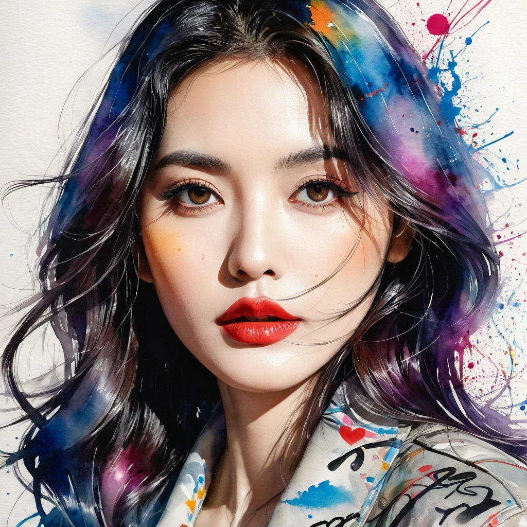 Beautiful woman portrait, Sylvia Pelissero watercolors, Beautiful Eyes、 Abstract art, Surreal, Beautiful artwork illustration, wonderful, Cool Beauty, Highest quality,Official Art, women only, Sharp contours, Best Shot, Vector art, Lips in Love、 (((The most beautiful women in history))), (((Japanese)))、clear, (((Highest quality))), Lips in Love, High resolution, ((Detailed explanation)), Detailed garment texture, (((Graffiti art))), ((masterpiece))、((Very detailed))