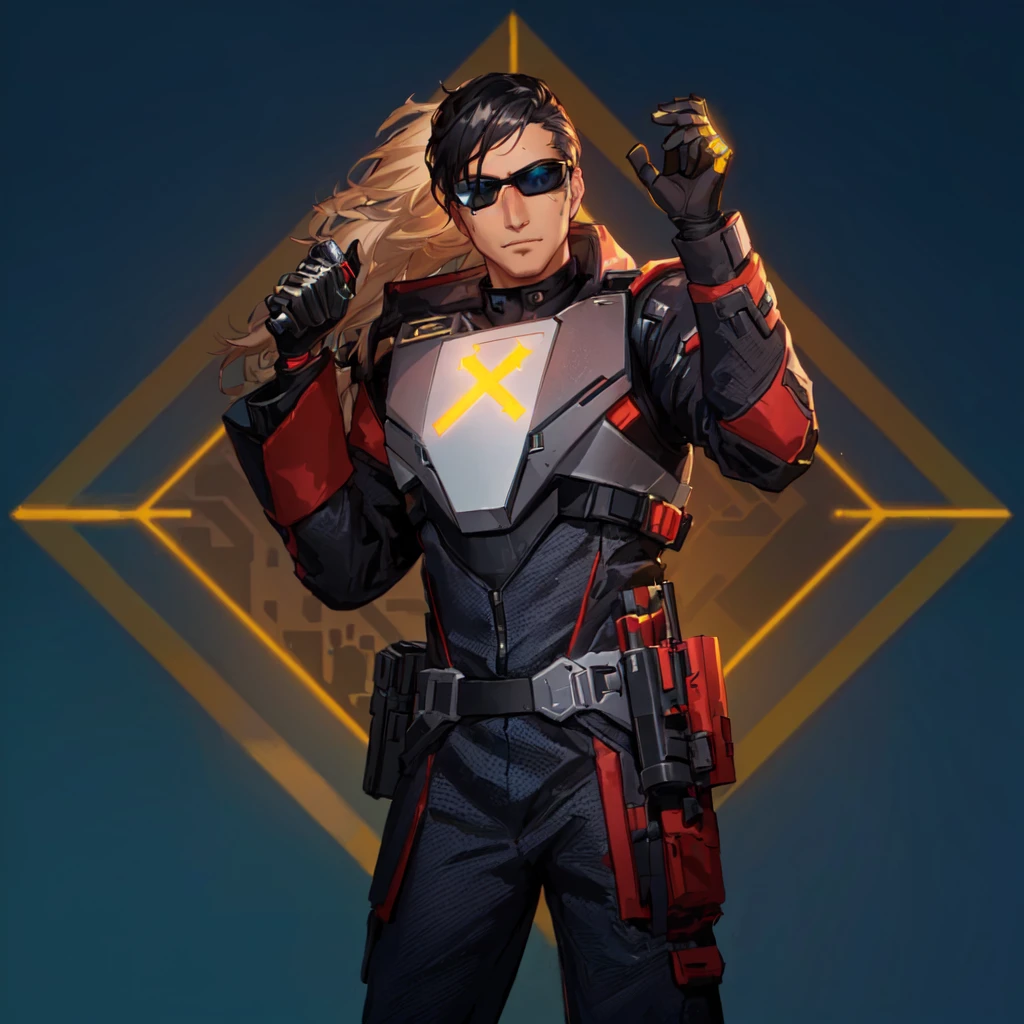 a man in a futuristic suit holding a gun, He has black glasses and on his chest he has the letter M, Bill Gates en Overwatch, as supervisory character, anime character, omen from valorant, thertrevkaiser, supervisory winston, Haris Nukem, in the style of apex legends, Markiplier, as anime character, valorant jett, as a Fortnite character