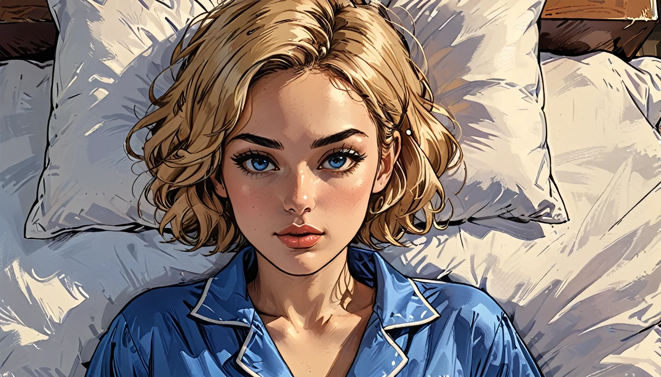 view from above, top view, from above, lying, a (girl in BLUE PAJAMAS) lies on a double bed, portrait, close-up,
adult, [Nordic], perfect Olive skin, Oval Face,  Rounded shoulders,  Attached Pointed ears, round forehead, ((Short blonde Waves pixie hair)), snub nose, Arched eyebrows, Monolid blue Eyes, High Round Narrow cheekbones, Dimpled Cheeks, Rounded Chin, Rounded Jawline, Full nude Lips, Nude Makeup Look, long eyelashes, 

graphic style of novel comics,dark novel, 2d, 8k, hyperrealism, masterpiece, high resolution, best quality, ultra-detailed, super realistic, Hyperrealistic art, high-quality, ultra high res, highest detailed, lot of details, Extremely high-resolution details, incredibly lifelike, colourful, soft cinematic light,