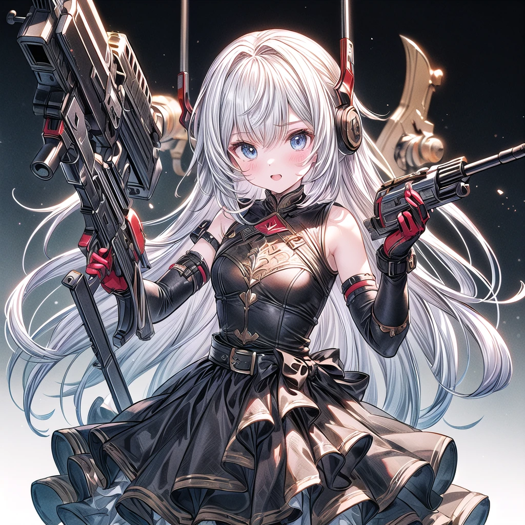 One girl、Dynamic configuration、[17277fbe68],He threatened Hideo.、high quality、Maximum details、(((最high quality、最高masterpiece、Official Art、最高のDynamic configuration)))、(Thin Hair)、(Tabletop, 最high quality), Very detailed, Anime Style, Concept Art、whole body, (masterpiece), 最high quality, Fantasy art,whole body、masterpiece、最high quality、(colorful)、（Beautifully detailed eyes and face）、Cinema Lighting、Extremely detailed CG、Super huge、whole body、wallpaper、Dress with weapons in Wonderland, (((Everybody wears red ))), Ammunition belt, gun, machine gun, gatling gun, hand gun,weapons,Barren Land、White Background、