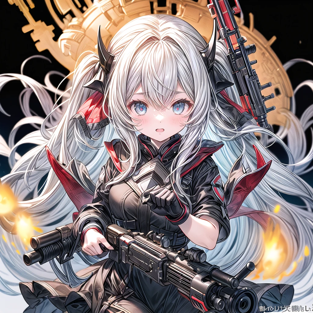 One girl、Dynamic configuration、[17277fbe68],He threatened Hideo.、high quality、Maximum details、(((最high quality、最高masterpiece、Official Art、最高のDynamic configuration)))、(Thin Hair)、(Tabletop, 最high quality), Very detailed, Anime Style, Concept Art、whole body, (masterpiece), 最high quality, Fantasy art,whole body、masterpiece、最high quality、(colorful)、（Beautifully detailed eyes and face）、Cinema Lighting、Extremely detailed CG、Super huge、whole body、wallpaper、Dress with weapons in Wonderland, (((Everybody wears red ))), Ammunition belt, gun, machine gun, gatling gun, hand gun,weapons,Barren Land、White Background、