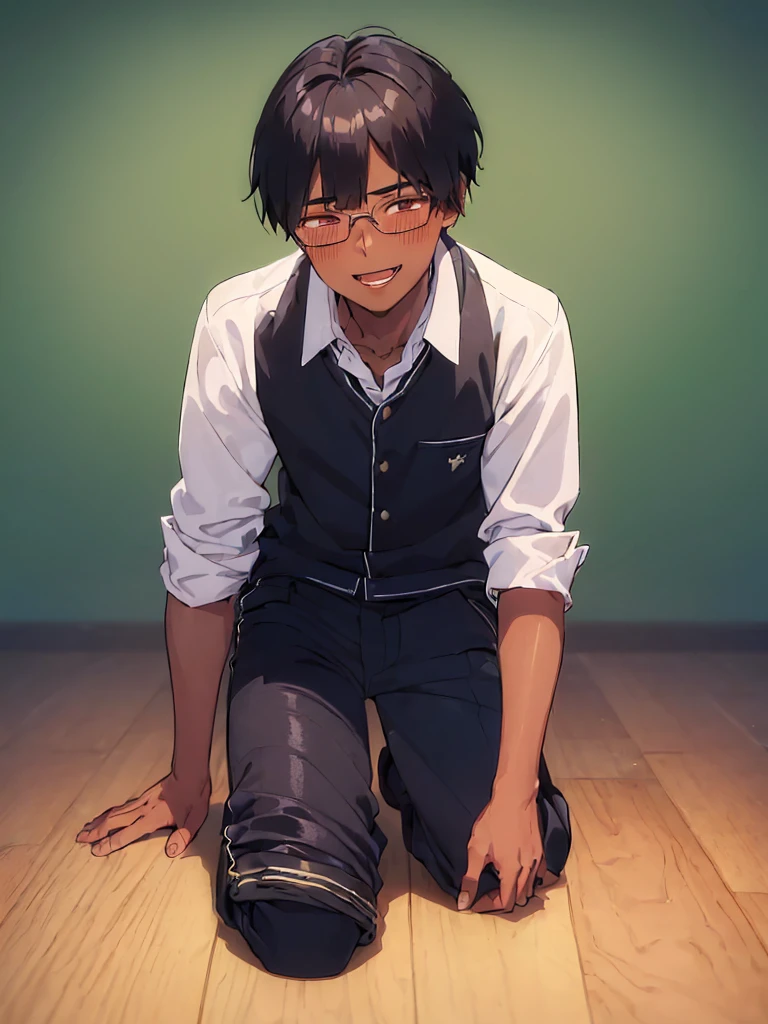 (1 boy solo:1.9),(dark skin:1.5), (masterpiece:1.2), highest quality, High resolution, unity 8k wallpaper, ( (perfect hands, perfect anatomy), 20 years old, (black hair:1.3), detailed eyes, best quality, extremely detailed, very precise detailed, (glasses:1.4), (blunt bangs:1.3), (open mouth:1.2), (middle straight hair:1.5), (evil smile:1.4), , (half closed eyes:1.3) ,long sidelocks, (blush:1.3),(kneeling:1.3),(Put left knee in front:1.5),(school uniform pant:1.5),