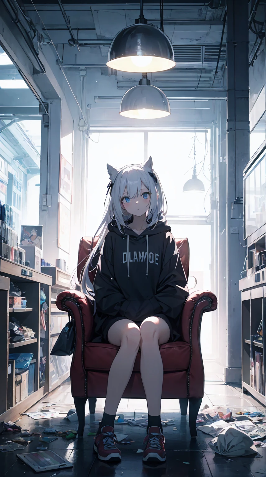 This illustration depicts a cute girl playing a game in her living room. She holds a game controller in her hand and her eyes sparkle. The room has a neon-colored wall and a dimly lit futuristic feel. However, the most noteworthy thing is the "last mysterious high-energy body" she emits. This energy body released from her body has the power to obliterate the garbage in the store. The pale light reaches every corner of the room. He is sitting cross-legged in a large chair and is wearing a hoodie. I'm obsessed with the game.