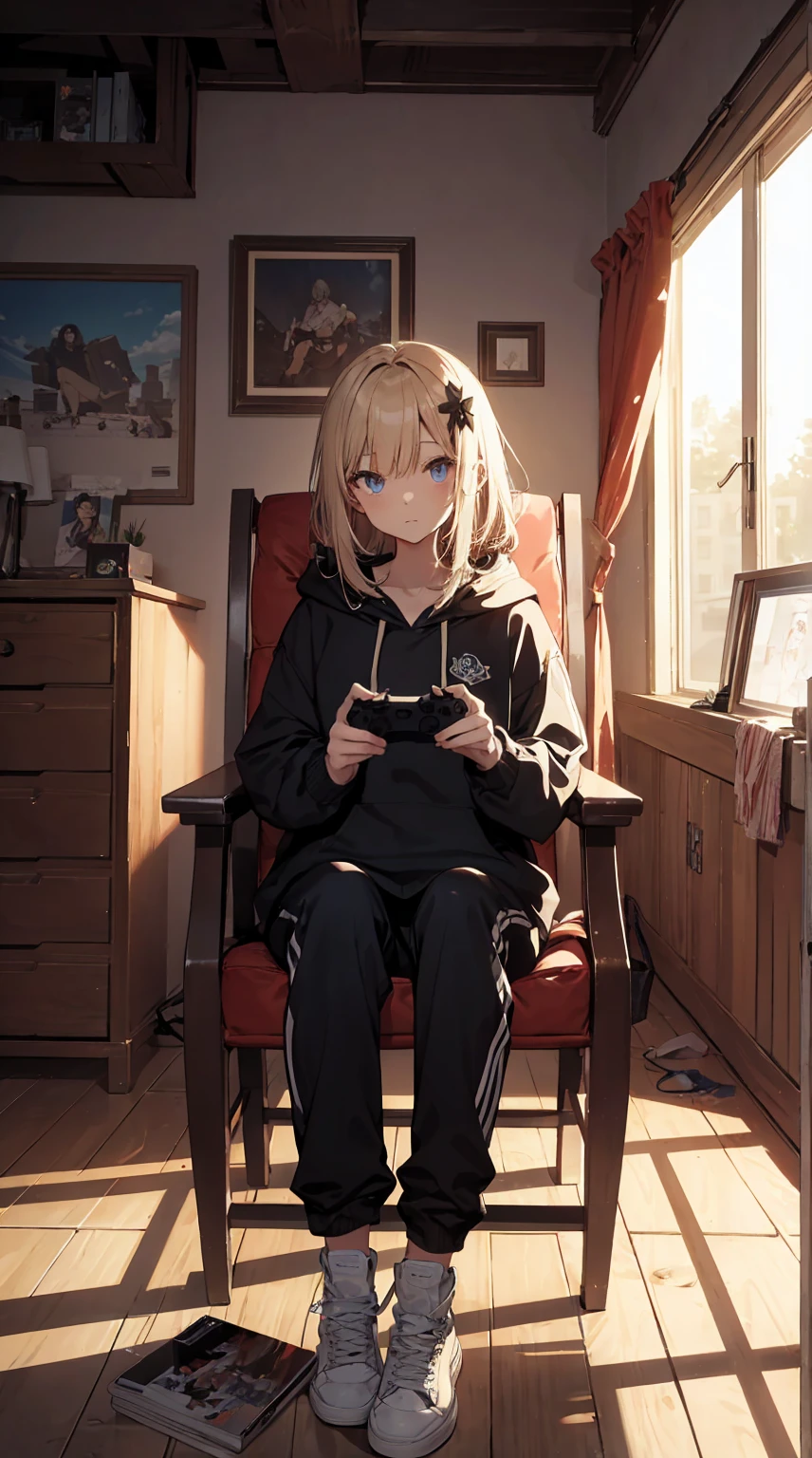 This illustration depicts a cute girl playing a game in her living room. She holds a game controller in her hand and her eyes sparkle. The room has a neon-colored wall and a dimly lit futuristic feel. However, the most noteworthy thing is the "last mysterious high-energy body" she emits. This energy body released from her body has the power to obliterate the garbage in the store. The pale light reaches every corner of the room. He is sitting cross-legged in a large chair and is wearing a hoodie. I'm obsessed with the game.