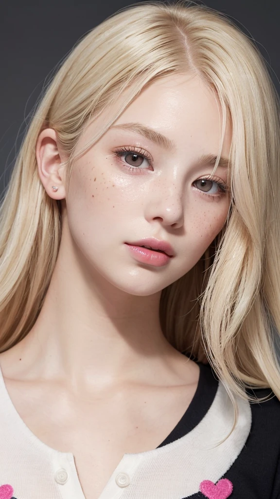 Light blonde hair, Wavy blonde hair, Wavy blonde hair, With small fringe, black eye, Upturned and beautiful nose, Thick lips, Cupid with heart shaped lips.., Pink Lips, pale, White skin, Nice and soft skin, I have freckles and moles, Beautiful eyebrows, Exceptionally beautiful collarbones, He is wearing a polo shirt, dark red, With women's underwear, slim and beautiful stomach, Bare neckline, (Large Breasts, Soft Breasts, Natural Breasts, Bare neckline), While holding a rose, Looking at the camera, Auto Photo