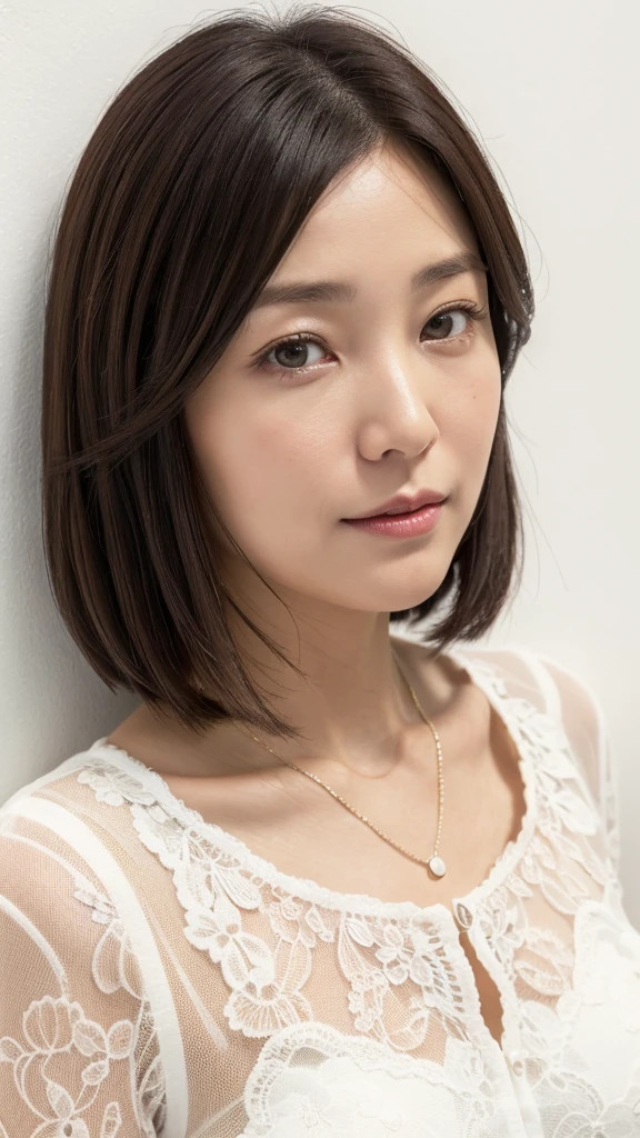 (Highly realistic photos, High resolution, detailed face, fine eyes), ((Taken in front of a white wall))、japanese woman, 40 years old, Variety of facial expressions, alone:1, slim figure, different hairstyles, casual clothes, Only one person appears in the photo、long sleeve dress、Shot in natural light、simple necklace、Spring clothes、Don't look at the camera、profile、Dark brown hair color、bob hair、hands are down