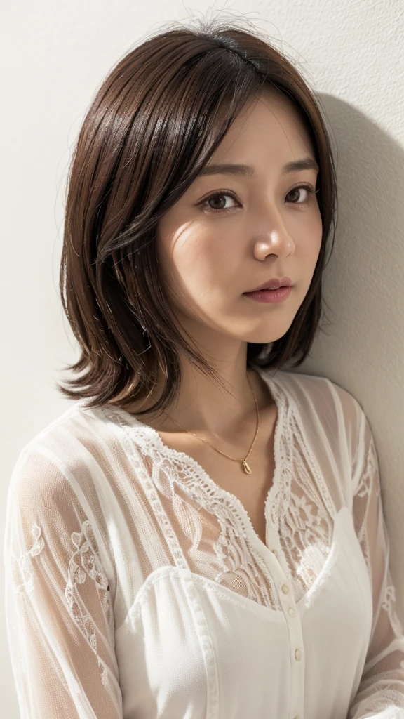 (Highly realistic photos, High resolution, detailed face, fine eyes), ((Taken in front of a white wall))、japanese woman, 40 years old, Variety of facial expressions, alone:1, slim figure, different hairstyles, casual clothes, Only one person appears in the photo、long sleeve dress、Shot in natural light、simple necklace、Spring clothes、Don't look at the camera、profile、Dark brown hair color、bob hair、hands are down