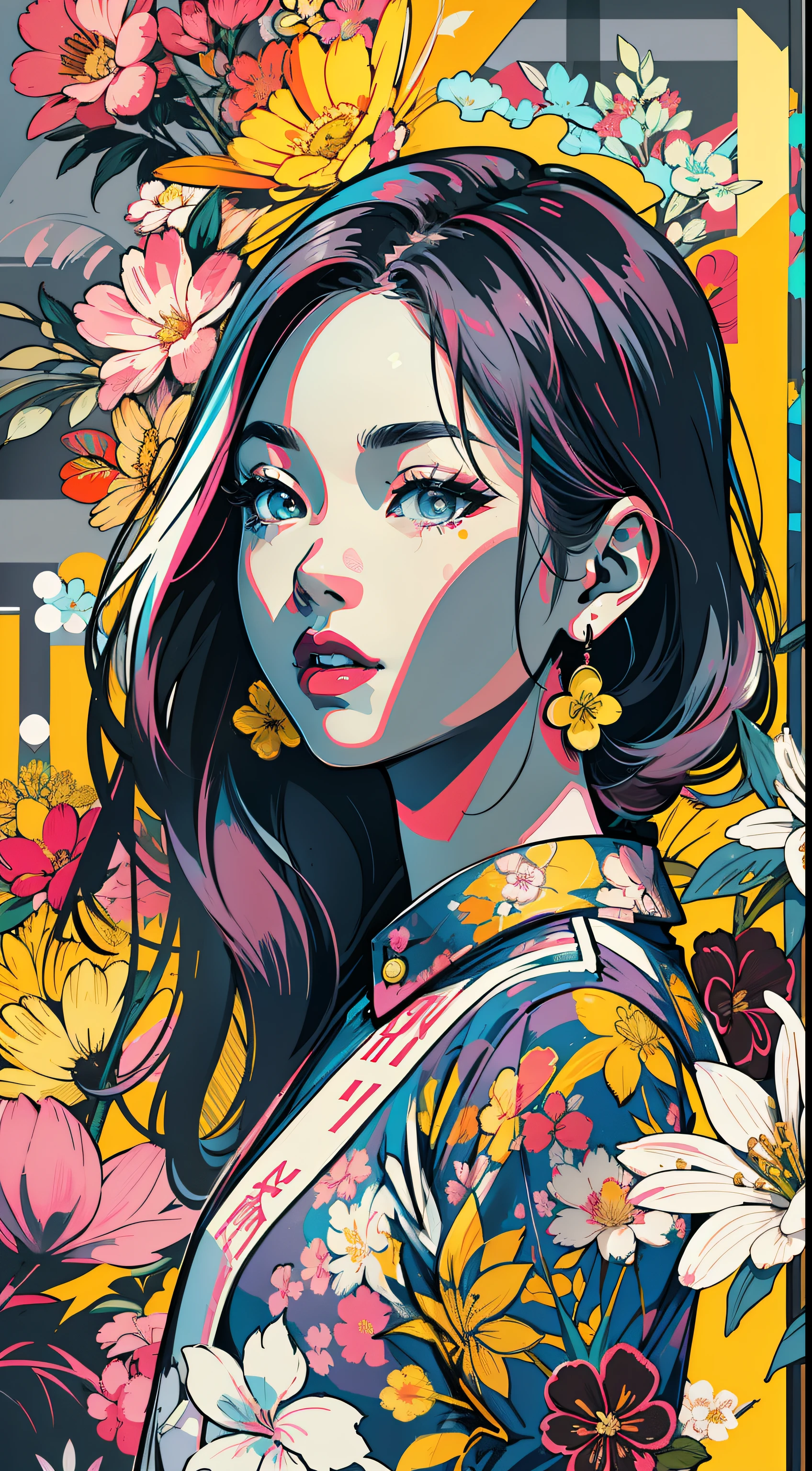 Create digital artwork in pop art, Featuring a bright and confident young asian girl,Street fashion, Movie Color Scheme, Surrounded by vintage floral motifs, Bright brush strokes,Emotions should be dynamic, upper-body, Drawing, illustartion, Grayscale, tropical, lots of flowers,
