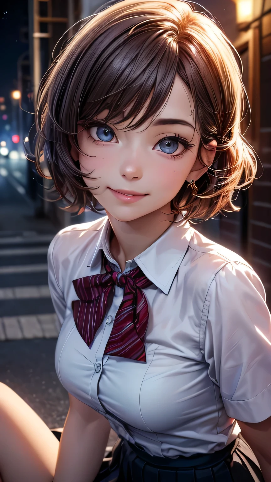 (8K, RAW Photos, Highest quality, masterpiece: 1.2), (Realistic : 1.37), Super detailed, 1 Girl, cute, alone, 美しくDetailed空, Detailed, night, Sitting,  (smile: 1.1),  Medium chest, (Very delicate and beautiful face), (Beautiful eyes in every detail), (Collared shirt: 1.1), bow tie, Pleated skirt, (short hair: 1.2),  