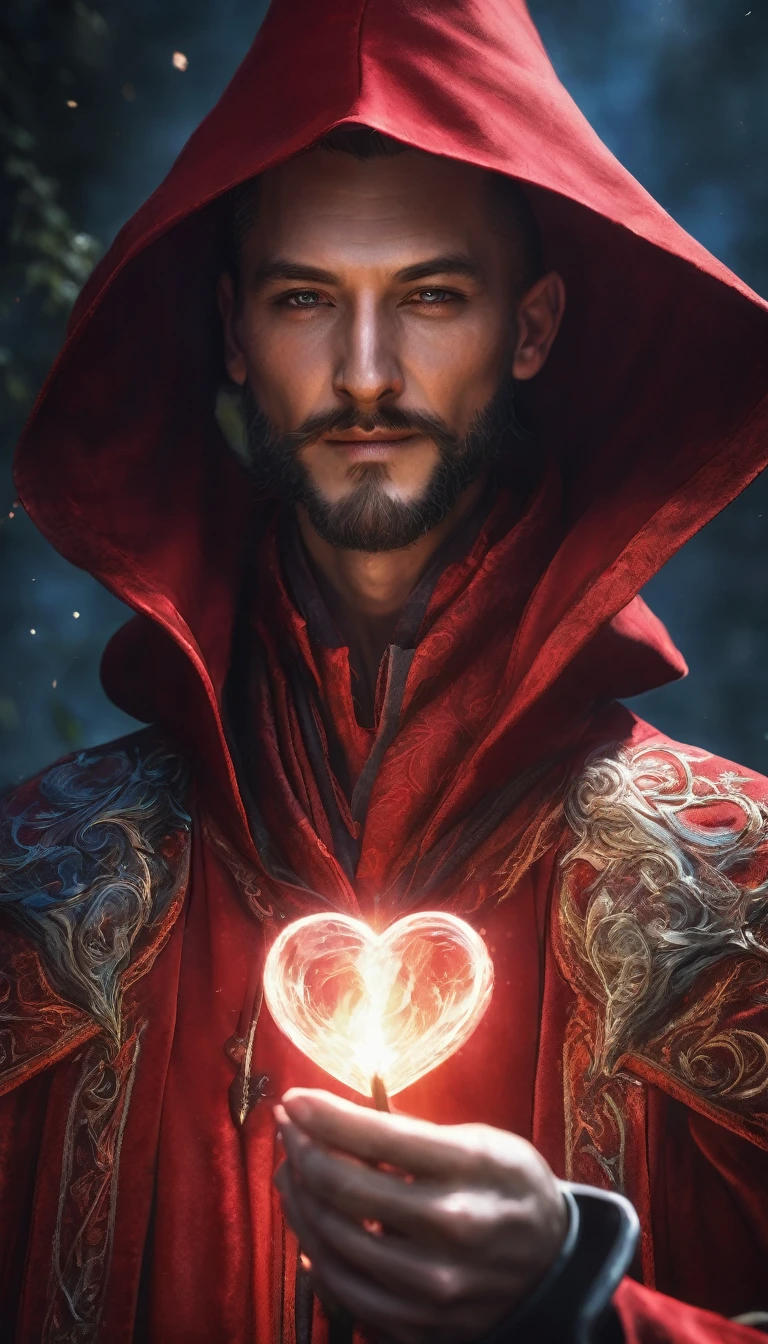 close-up of a man, holding a stick with a heart on it, hyper detailed fantasy character, secret wizard, spell caster, unreal engine fantasy art, in the red robes of sorcerers, wear red wizard robes, spell casting wizard, portrait of a red sorcerer, thin man, fantasy alchemist, male evil sorcerer, fantasy mage