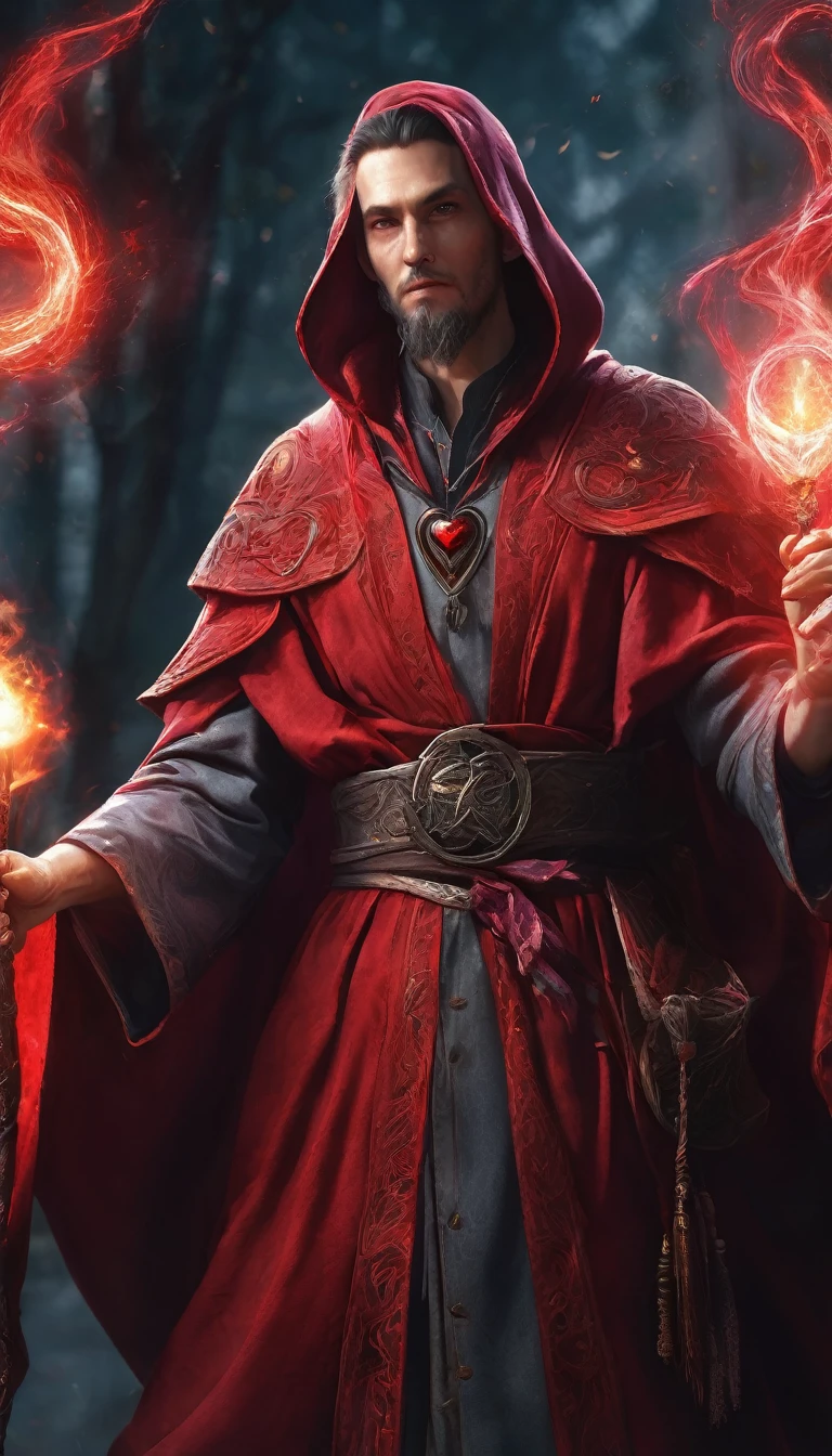 close-up of a man, holding a stick with a heart on it, hyper detailed fantasy character, secret wizard, spell caster, unreal engine fantasy art, in the red robes of sorcerers, wear red wizard robes, spell casting wizard, portrait of a red sorcerer, thin man, fantasy alchemist, male evil sorcerer, fantasy mage