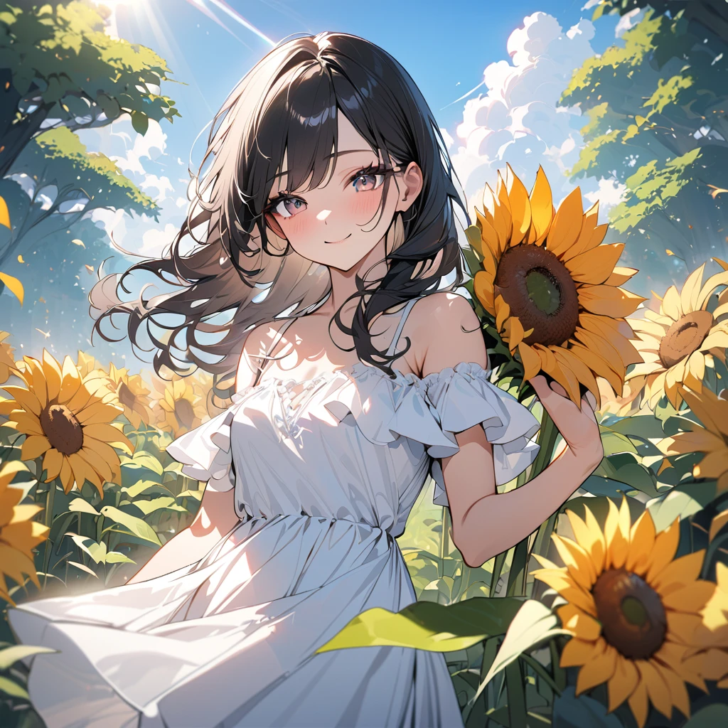 (masterpiece:1.5), highest quality, Super detailed, very detailed, exquisite, 16k, Full HD,  very aesthetic, absurdres, anime style, 1girl, high school girl, female, 17 years old, shoulder-length black hair, hair shining in the sunlight, bright smile, wearing a cool white dress, holding a large sunflower, standing in a garden full of colorful flowers, green lawn, bright summer afternoon, strong sunlight, everything brightly lit, blue sky with white clouds in the distance, sharp focus on subject, vivid colors, cheerful and fresh atmosphere, warm sunlight feel