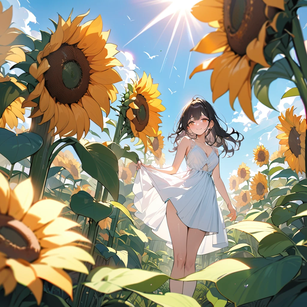 (masterpiece:1.5), highest quality, Super detailed, very detailed, exquisite, 16k, Full HD,  very aesthetic, absurdres, anime style, 1girl, high school girl, female, 17 years old, shoulder-length black hair, hair shining in the sunlight, bright smile, wearing a cool white dress, holding a large sunflower, standing in a garden full of colorful flowers, green lawn, bright summer afternoon, strong sunlight, everything brightly lit, blue sky with white clouds in the distance, sharp focus on subject, vivid colors, cheerful and fresh atmosphere, warm sunlight feel