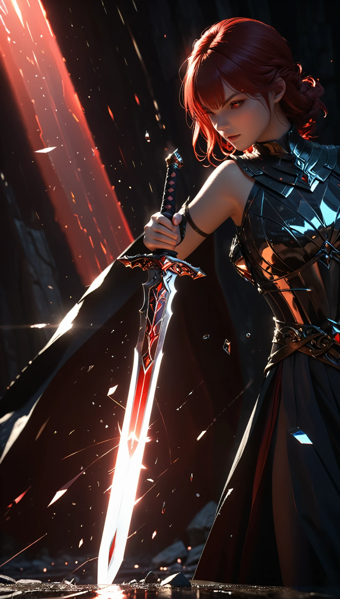 shattered glass,broken,refraction,Reflective,Light and Shadow Art,1 Girl half body close-up,Blurred foreground,Dynamic Action,Motion Blur,Luminescence(Giant Long Sword:1.8),Red light,Realistic sword,3d ,Unreal Engine,Rendering,scary shadows