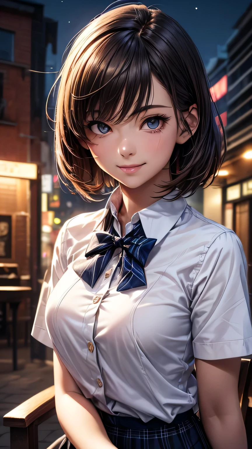 (8K, RAW Photos, Highest quality, masterpiece: 1.2), (Realistic : 1.37), Super detailed, 1 Girl, cute, alone, 美しくDetailed空, Detailed, night, Sitting, (smile: 1.1), Medium chest, (Very delicate and beautiful face), (Beautiful eyes in every detail), (Collared shirt: 1.1), bow tie, Pleated skirt, (short hair: 1.2),