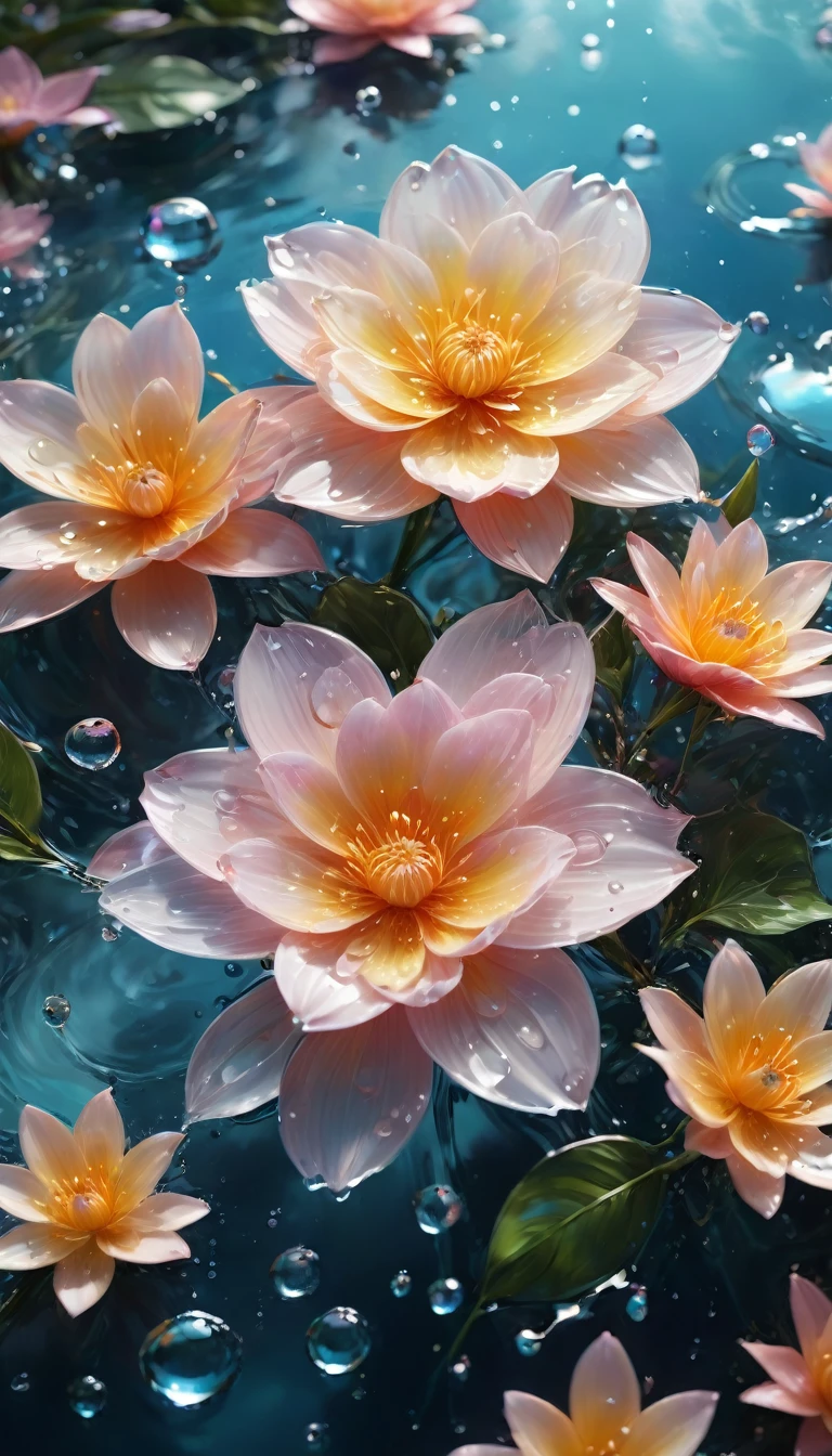 (((Exquisite detail:1.4))), (((Very crazy details:1.4))),(((Highest quality:1.3))), (((Soft-colored 4K high-definition digital art:1.3))). | Close-up of delicate water splashes forming a magical flower, Water splashes reflect light, Each splash is meticulously drawn、It is expressed by a magnificent gouache technique.,I was enveloped in a mysterious atmosphere of light and shadow art., Water splashes everywhere, Great environment, Subtle illumination,Fantasy Art Behance,Surreal, Capturing its beauty and strength,Creates a solemn atmosphere.