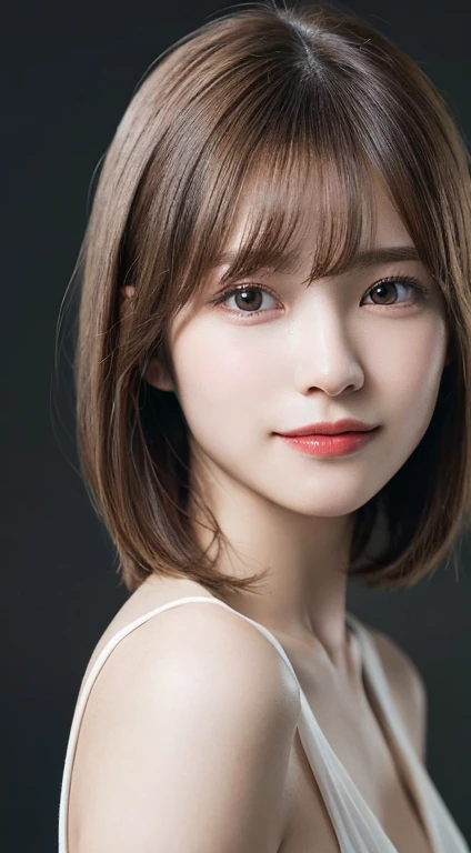 (8K, RAW Photos, Highest quality, masterpiece:1.3), (Realistic, photo-Realistic:1.4),One Girl, cute, Laughter, Professional Lighting, Plain,Photon Mapping, Radio City, Physically Based Rendering, Gradient Blonde Hair, Brown Hair, Very short hair,Gal,Highest qualityの写真, High resolution, 1080P, (Beautiful face), (Detailed facial depiction), Vibrant, Extreme light and shadow, Bob Cut Hair, masterpiece, Rich details, (Detailed facial features), (Highest qualityの写真), (masterpiece), (Finely tuned), dual、Look in front of you, Thin clavicle,Simple white background