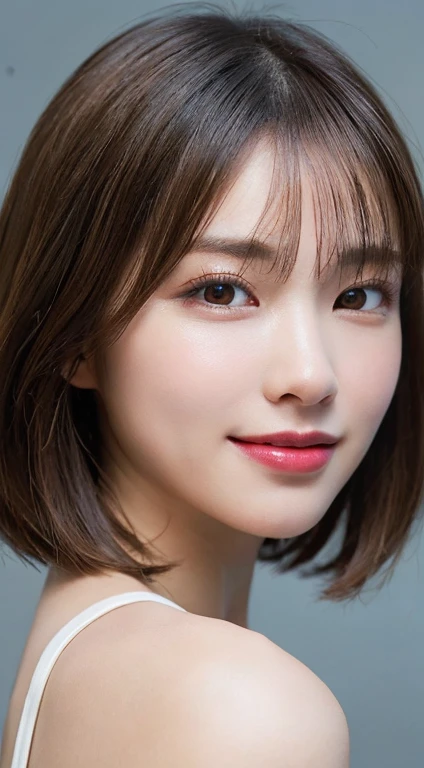 (8K, RAW Photos, Highest quality, masterpiece:1.3), (Realistic, photo-Realistic:1.4),One Girl, cute, Laughter, Professional Lighting, Plain,Photon Mapping, Radio City, Physically Based Rendering, Gradient Blonde Hair, Brown Hair, Very short hair,Gal,Highest qualityの写真, High resolution, 1080P, (Beautiful face), (Detailed facial depiction), Vibrant, Extreme light and shadow, Bob Cut Hair, masterpiece, Rich details, (Detailed facial features), (Highest qualityの写真), (masterpiece), (Finely tuned), dual、Look in front of you, Thin clavicle,Simple white background