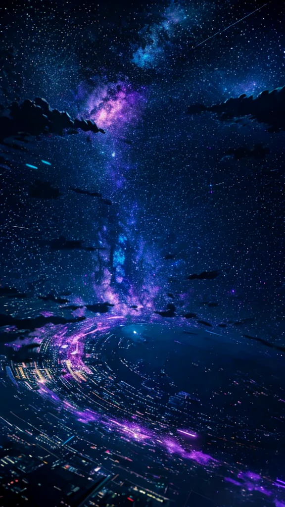 Starry sky with constellations, Purple hue like a nebula, Vast space, Cyberpunk City at the Bottom,