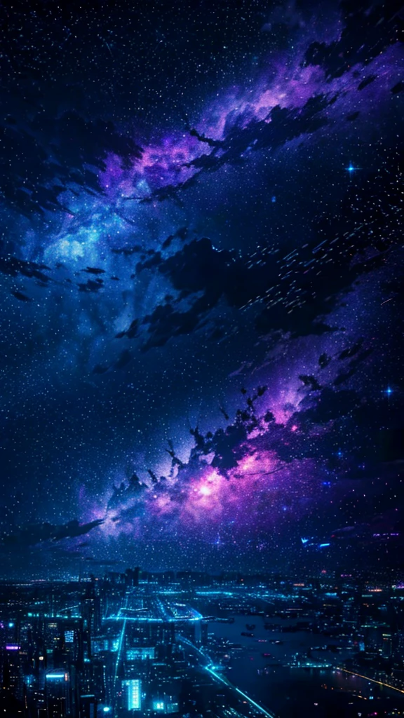 Starry sky with constellations, Purple hue like a nebula, Vast space, Cyberpunk City at the Bottom,  