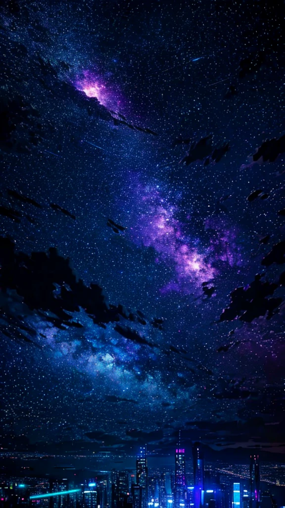 Starry sky with constellations, Purple hue like a nebula, Vast space, Cyberpunk City at the Bottom,  