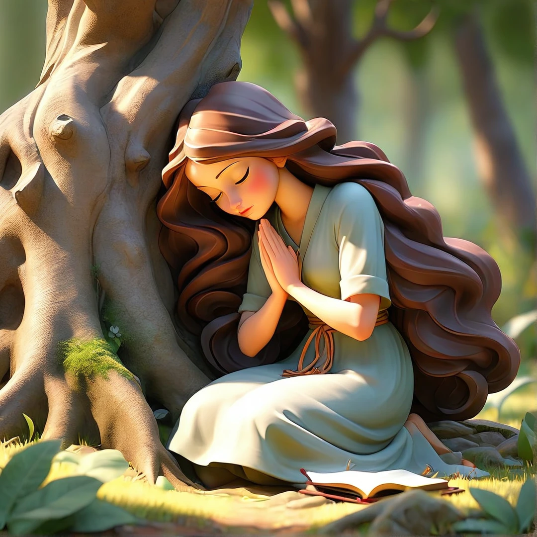 Sob a serene glass, on a peaceful day, A woman kneels, in voracious prayer. Bible in hands, words of light, Seek the comfort that faith always translates. The shadow of the tree, shelter and refreshment, A sacred encounter, an ethereal moment. With eyes closed and heart open, Pray fervently, search for the right path. Every leaf that falls, a divine whisper, Guiding your words, showing the destination. On sacred ground, your soul surrenders, To God omnipresent, his life he extends. under the tree, symbol of life and shelter, a woman and her faith, in an old dialogue. kneeling in prayer, her strength she renews.