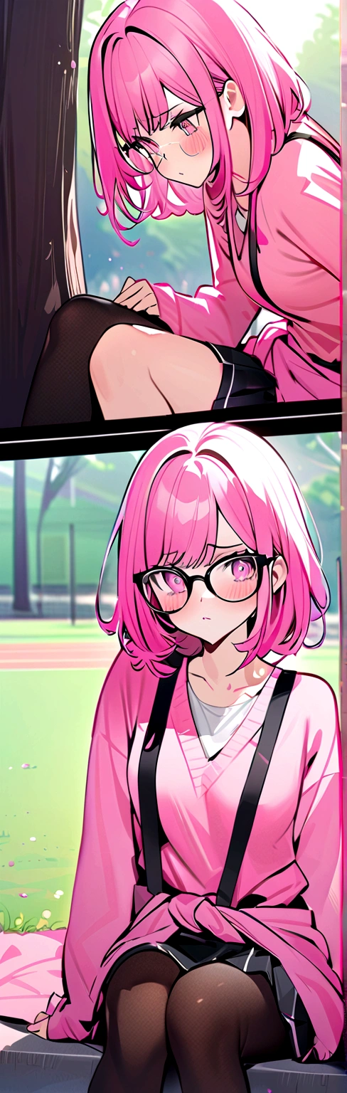 pink hair, black glasses, pink eyes, extremely blushing, a large pink sweater, a short black skirt with suspenders, some running around the waist, black stockings, white tennis shoes, that she is a reserved girl, that she is sitting in a park, that she is pouting.
