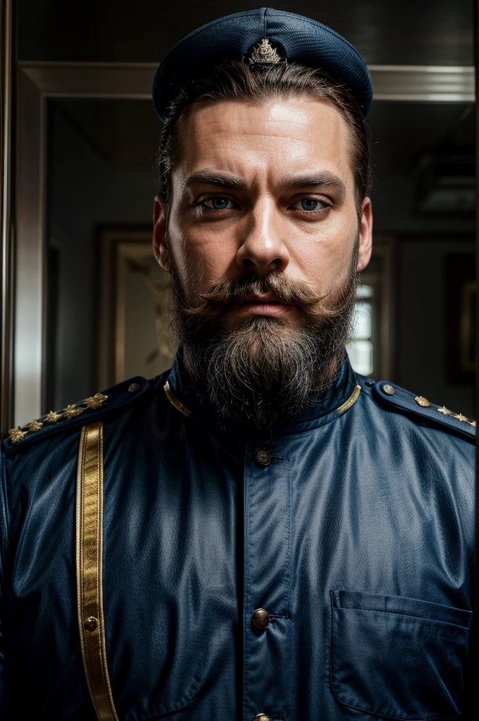 A tall and imposing figure with piercing blue eyes that hold a steady, commanding gaze. His face is framed by a neatly trimmed beard and mustache, both streaked with silver, signifying years of leadership and battle. Deep lines crease his forehead and the corners of his eyes, showing the weight of his responsibilities. Uniform: Adorned with brass buttons and epaulettes, immaculate and reflecting his unwavering dedication to duty, a group of officers