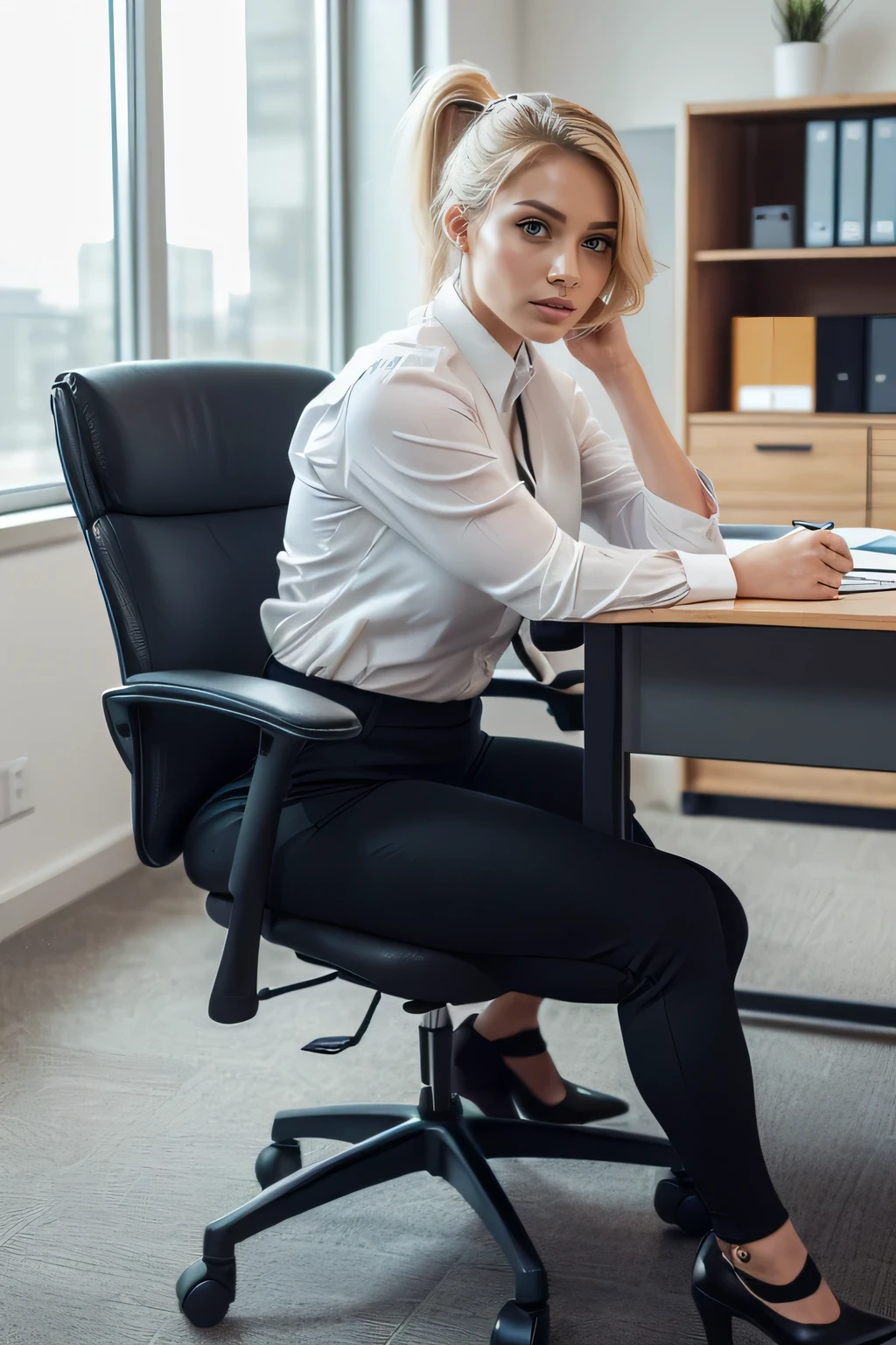 high quality,16K:1.1),((, German woman sitting in an office chair, 、Blonde Hair、Hairstyle ponytail((Office Lady Suits、Pants Style)), tights,,、 Curvy,(View your audience:1.3),(Full Body Shot:1.2),(Background is Office 1.2),