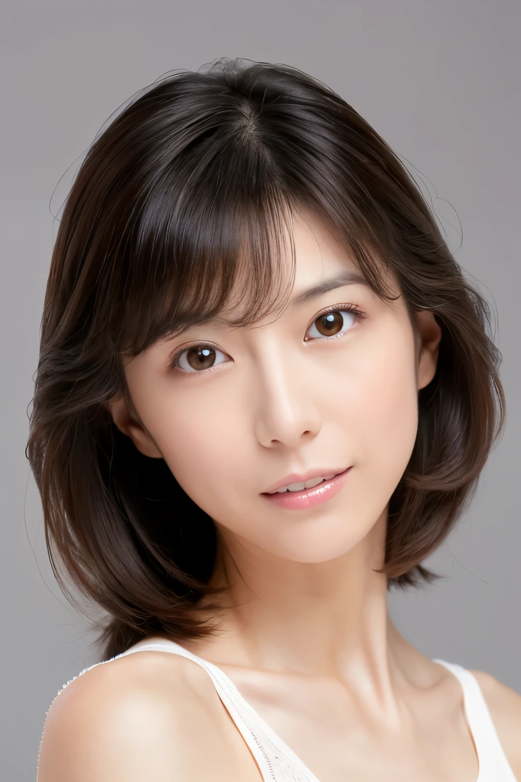 (High reality photograph, high resolusion), Skinny Japanese lady, 30 years old, cute face, detailed face, detailed eyes, various hair style, skinny figure, correct body anatomy, ((looking straight ahead)), facing the camera directly, single photo, a photo captured the best moment expressing the beauty and brains, ((with simple background))