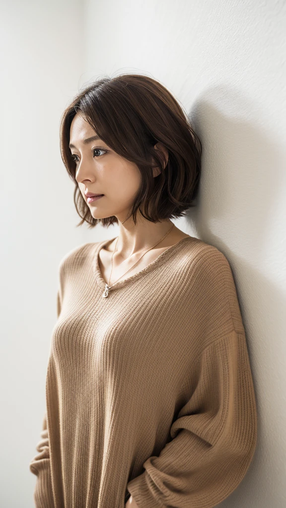(Highly realistic photos, High resolution, detailed face, fine eyes), ((Taken in front of a white wall))、japanese woman, 40 years old, Variety of facial expressions, alone:1, slim figure, different hairstyles, casual clothes, Only one person appears in the photo、long sleeve dress、Shot in natural light、simple necklace、Spring clothes、Don't look at the camera、profile、Dark brown hair color、bob hair、hands are down
