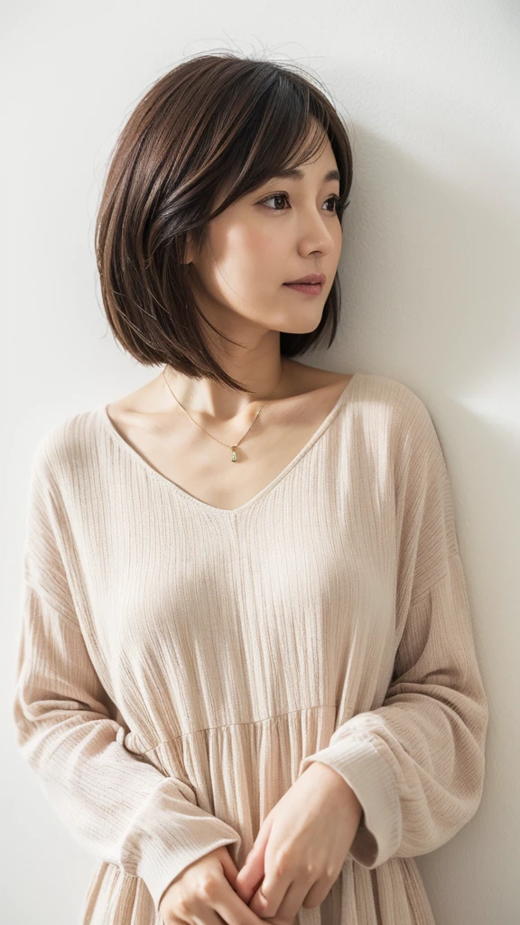 (Highly realistic photos, High resolution, detailed face, fine eyes), ((Taken in front of a white wall))、japanese woman, 40 years old, Variety of facial expressions, alone:1, slim figure, different hairstyles, casual clothes, Only one person appears in the photo、long sleeve dress、Shot in natural light、simple necklace、Spring clothes、Don't look at the camera、profile、Dark brown hair color、bob hair、hands are down