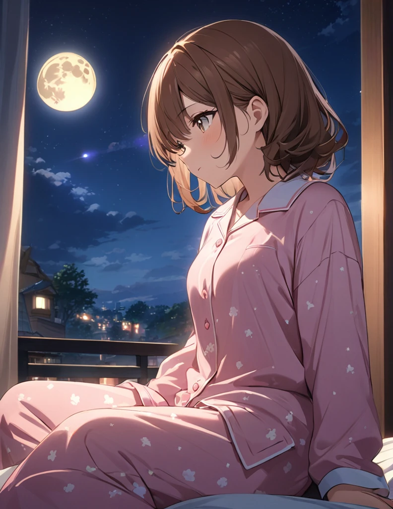 (masterpiece:1.2),(anime),Big moon in the background、Night Sky、Girl watching the moon、cute、The girl is illuminated by the moonlight、Great work、Light effects,long,Brown Hair,pajamas