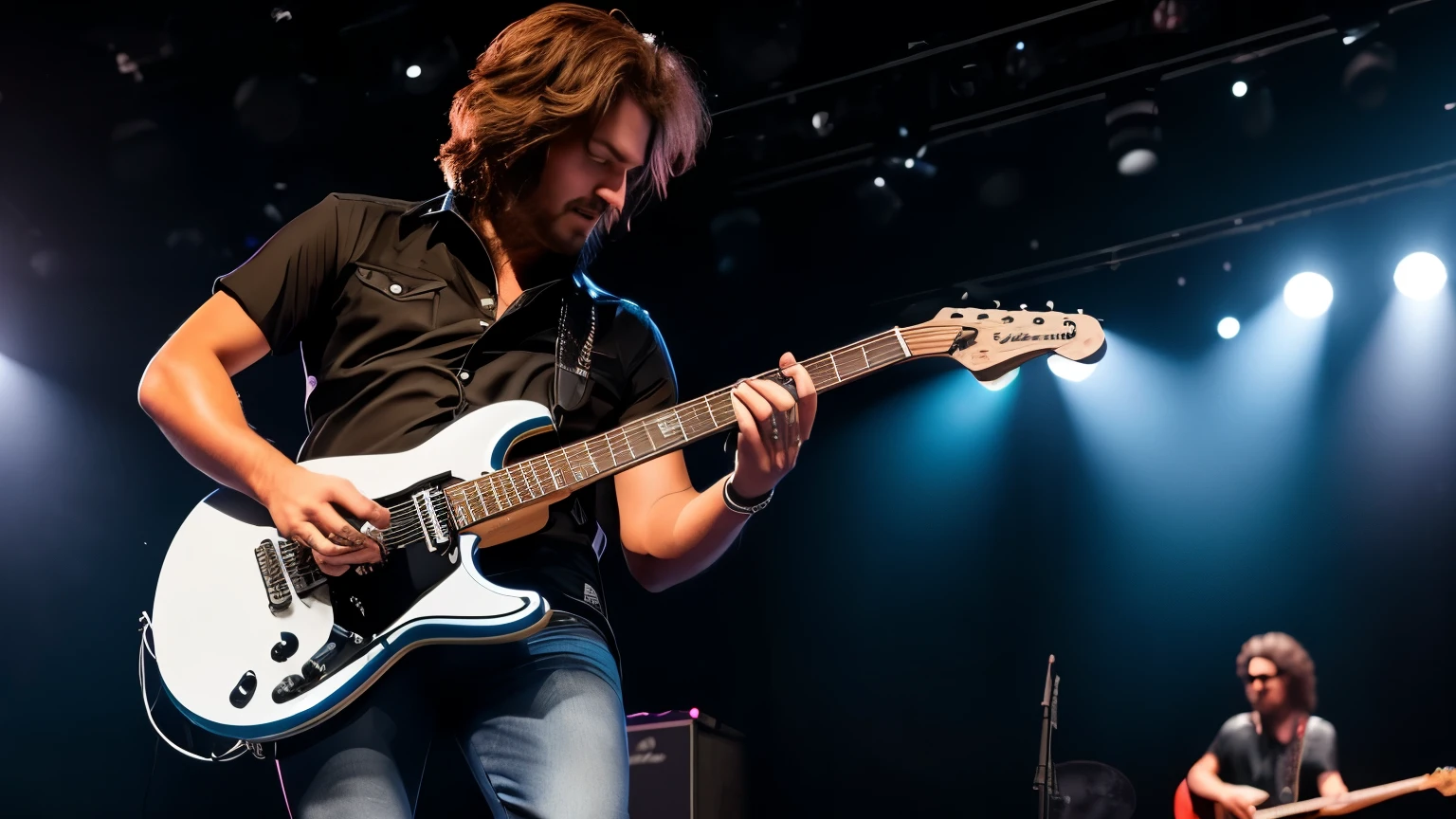 create a rock star playing guitar, blues rock style on stage, short hair,realistic,8k, uhd,