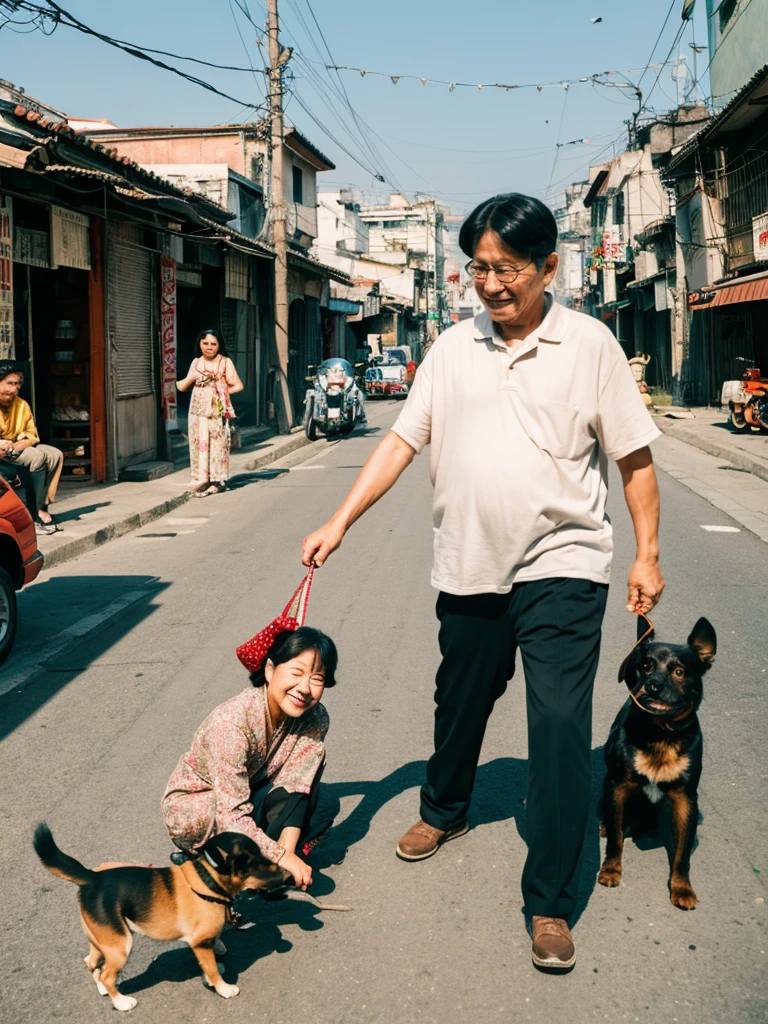 Surrealistic Taiwanese old streets in the background,The foreground shows two old people, a man and a woman, doing their own thing.,Looks very ,There is a dog in the middle playing with his toys
