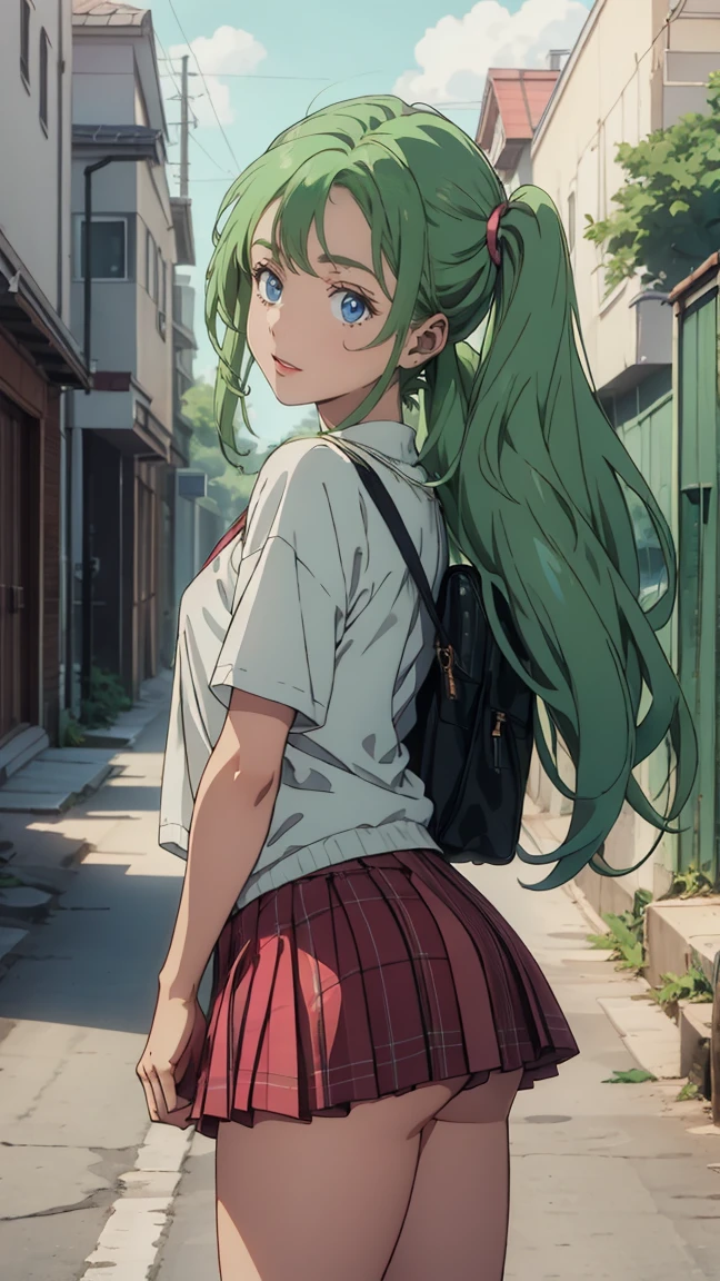 {{kofune ushio}}, {サマータイムレンダリング}, Volume hair, soft hair, emerald green hair and pink inner color, wavy hair, gradation hair, green hair, side braids, wavy hair, two side up, cloud hair, emerald green eyes, high school girl, Cheerful and active, blonde clip, loose socks, plaid skirt, holding smartphone, on the street, (best) quality, 4K, 8K, high resolution, masterpiece: 1.2), ultra-definition, bright colors, soft lighting
