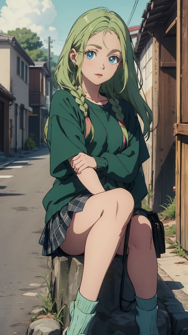 {{kofune ushio}}, {サマータイムレンダリング}, Volume hair, soft hair, emerald green hair and pink inner color, wavy hair, gradation hair, green hair, side braids, wavy hair, two side up, cloud hair, emerald green eyes, high school girl, Cheerful and active, blonde clip, loose socks, plaid skirt, holding smartphone, on the street, (best) quality, 4K, 8K, high resolution, masterpiece: 1.2), ultra-definition, bright colors, soft lighting
