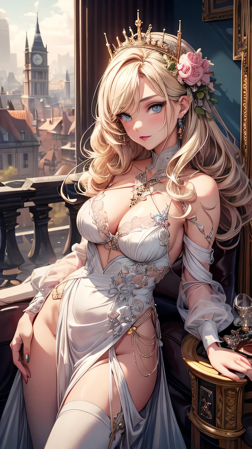 There is a woman in a white dress holding a music box, artwork in the style of Gwaiz, Gwaiz on pixiv artstation, Gwaiz on artstation pixiv, Gwaiz, Fantasy art style, Gwaiz masterpiece, Beautiful and elegant queen, Beautiful character drawings, Detailed digital anime art, Blonde Princess, Gray Hair, Sky blue eyes, Pink Lips