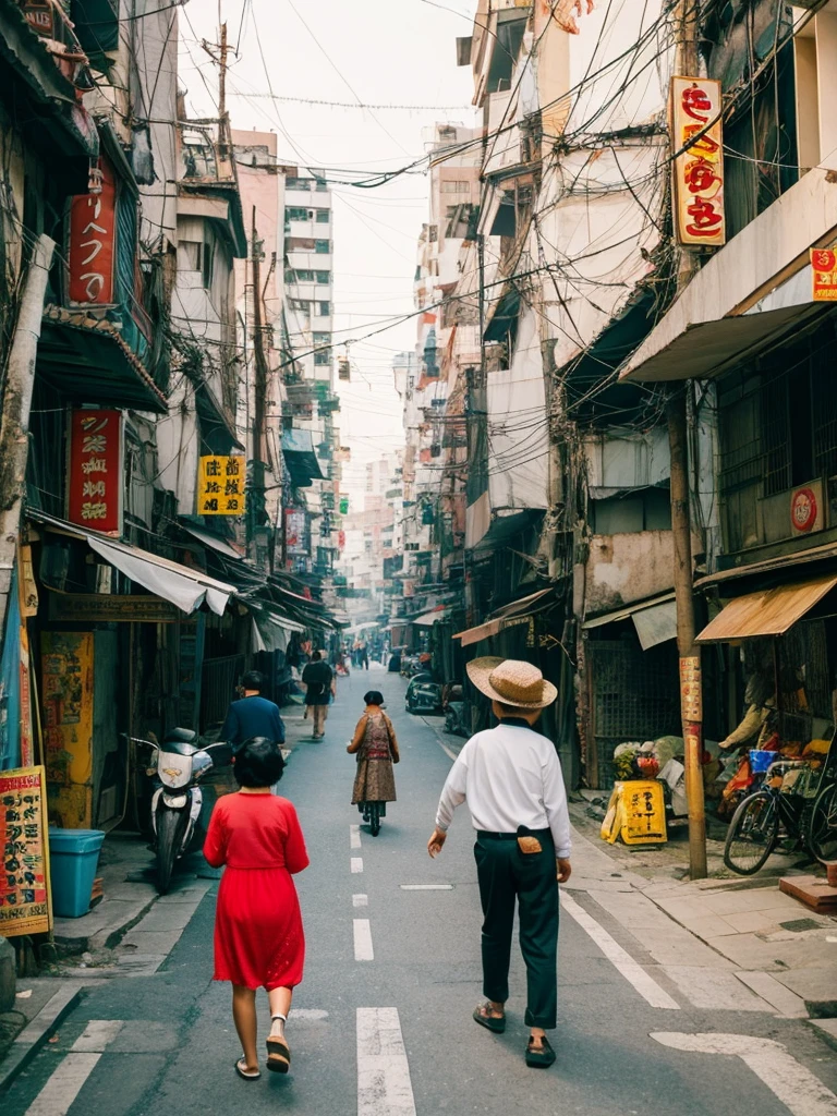 Surrealistic Taiwanese old streets in the background,The foreground shows two old people, a man and a woman, doing their own thing.,Looks very ,There is a dog in the middle playing with his toys