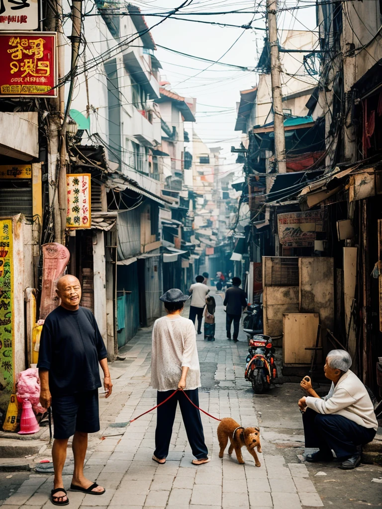 Surrealistic Taiwanese old streets in the background，The foreground shows two old people, a man and a woman, doing their own thing.，Looks very ，There is a dog in the middle playing with his toys