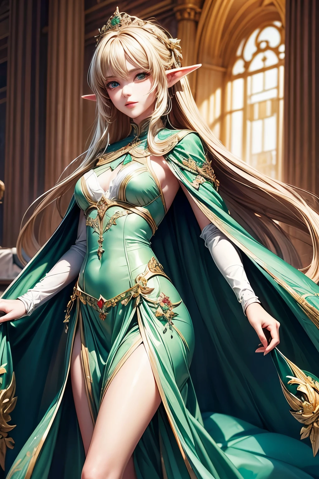 masterpiece,Highest quality,Very detailed,Elf Beautiful Girl,Long blonde hair,Very beautiful and detailed eyes,Thin legs,Long skirt, underweight,Small breasts,Beautiful peppermint green dress,Luxurious cape,A luxurious palace