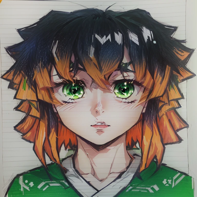 a drawing of a girl with green eyes and a green sweater, demon slayer rui fanart, an anime drawing, anime style portrait, inspired by Okumura Masanobu, orange - haired anime boy, high quality colored sketch, otaku gangasta, colored sketch, in an anime style, anime style character, 2 d anime style, semirealistic anime style