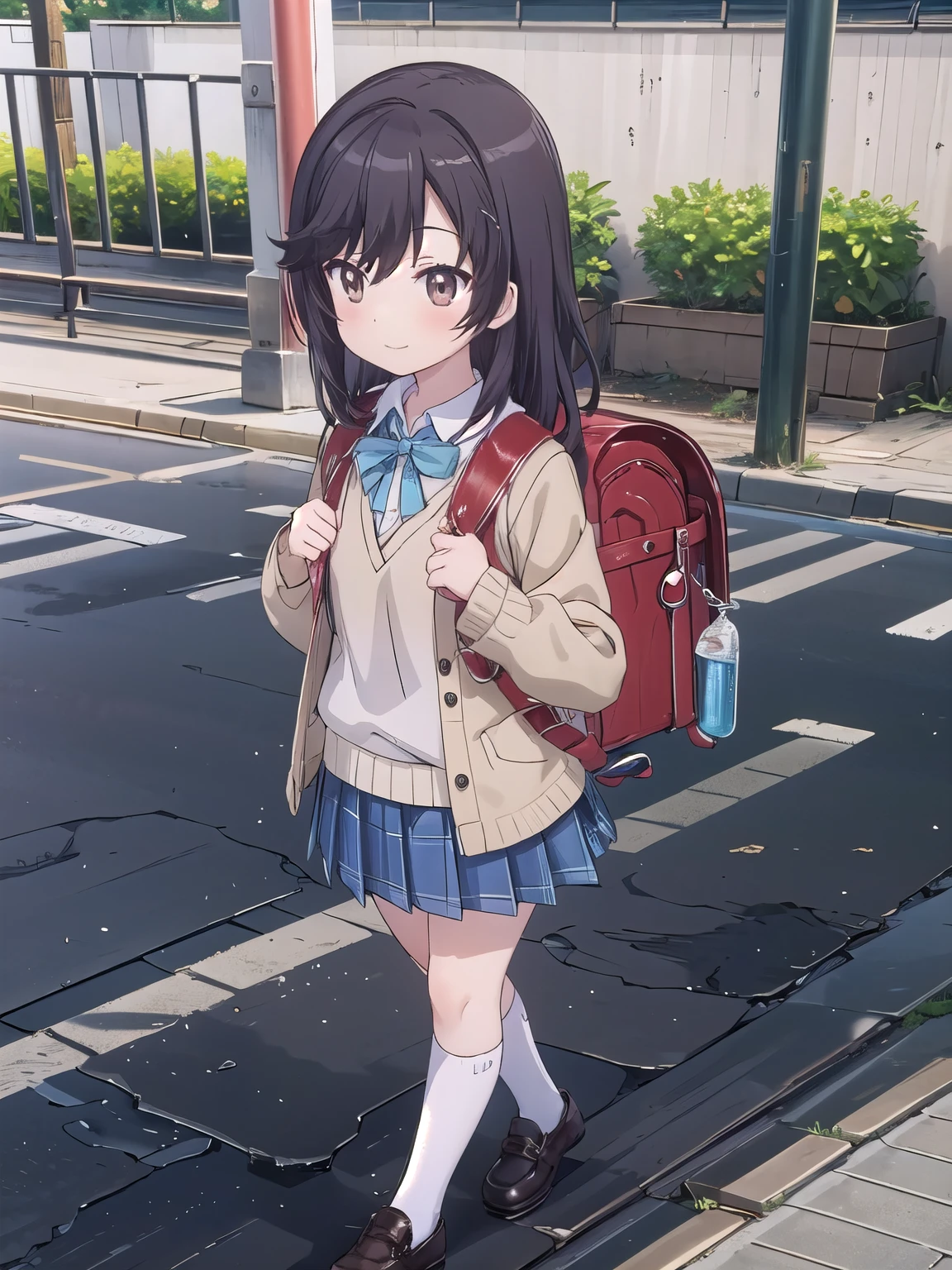 Masterpiece, hd, 1girl, nonhotaru, wearing white collared shirt, wearing brown cardigan, opened jacket, blue pleated skirt, white socks, black shoes, wearing randoseru backpack, (backpack:1.2),walking,smile, outdoor, standing, fullbody 