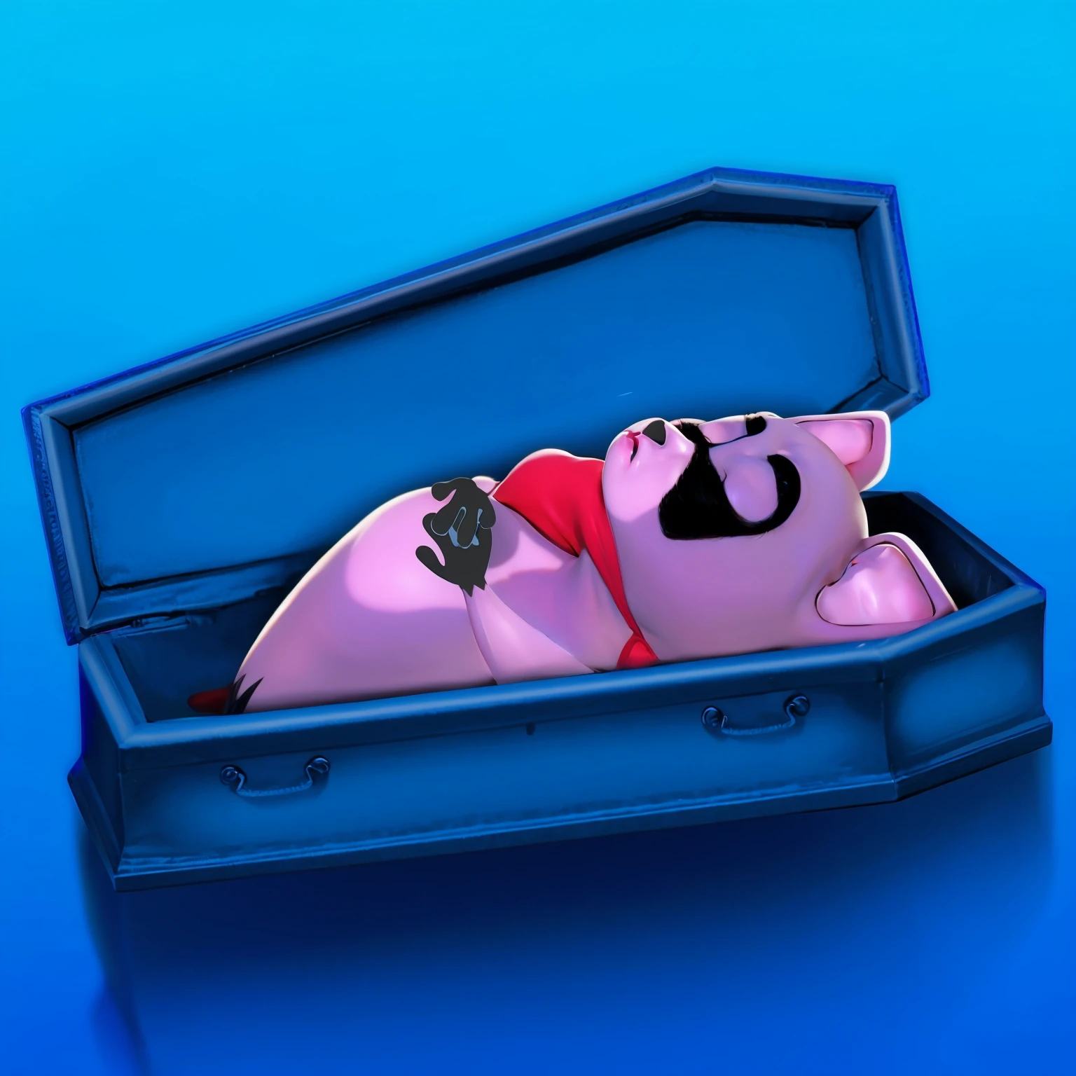 This image features a cartoonish raccoon character lying in a blue coffin. The raccoon is dressed in a purple outfit with a red scarf and has a black mask painted on its face. The character appears to be peacefully resting with its eyes closed. The scene is set against a gradient blue background, which enhances the somber yet whimsical nature of the image. The bright colors of the raccoon's outfit and the coffin create a striking contrast, adding to the surreal and imaginative quality of the scene.