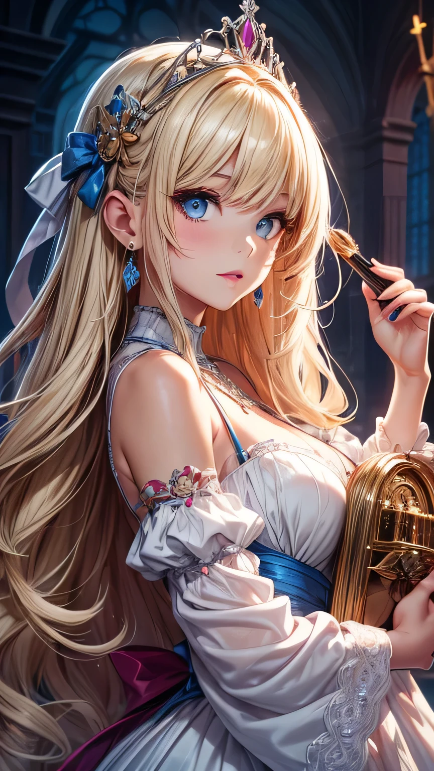 There is a woman in a white dress holding a music box, artwork in the style of Gwaiz, Gwaiz on pixiv artstation, Gwaiz on artstation pixiv, Gwaiz, Fantasy art style, Gwaiz masterpiece, Beautiful and elegant queen, Beautiful character drawings, Detailed digital anime art, Blonde Princess, Gray Hair, Sky blue eyes, Pink Lips