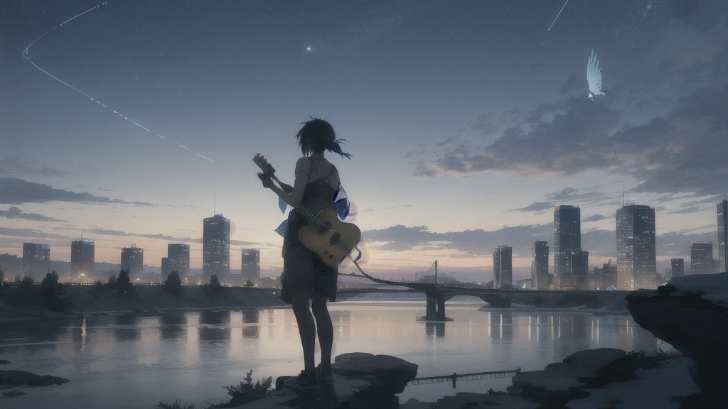 真っ暗なnight空,Octane, star (null), scenery, Blue parakeet,The acoustic guitar is in front of the body.,star, night, One Girl, Back view, alone, Outdoor, city,river,Blue parakeet,building, cloud, 天のriver, Are standing,silhouette
